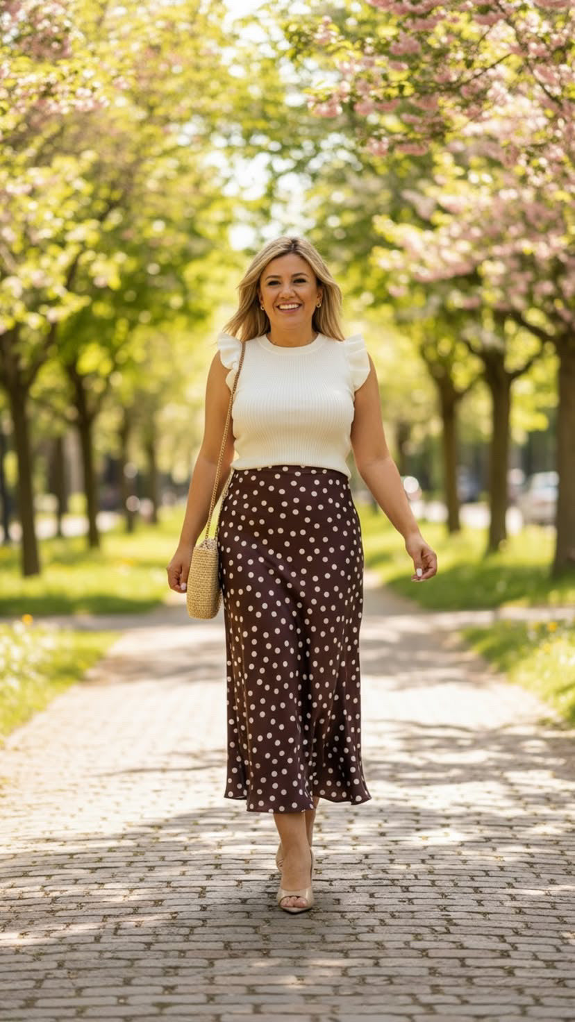 Falda Café Satinada Estampado Polka Dots Blanco
