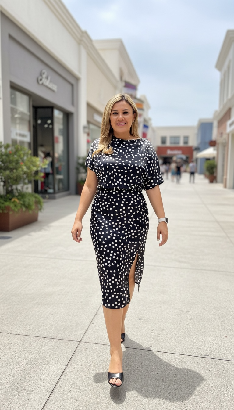 Vestido Negro Satinado Estampado Polka Dots