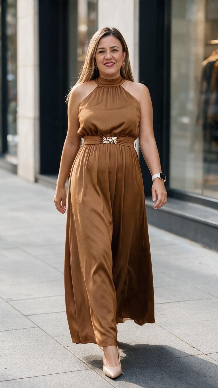 Vestido Color Bronce de Cuello Halter con Cintillo con Hebilla