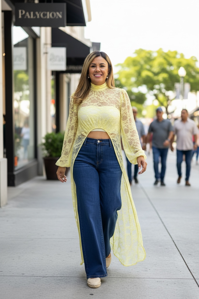 Blusón Largo de Encaje Color Amarillo de Manga Larga