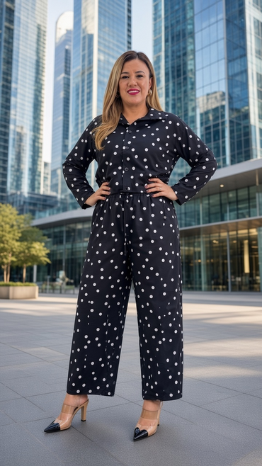 Conjunto Negro Polka Dots de Blusa y Pantalón de Mezclilla Ligera