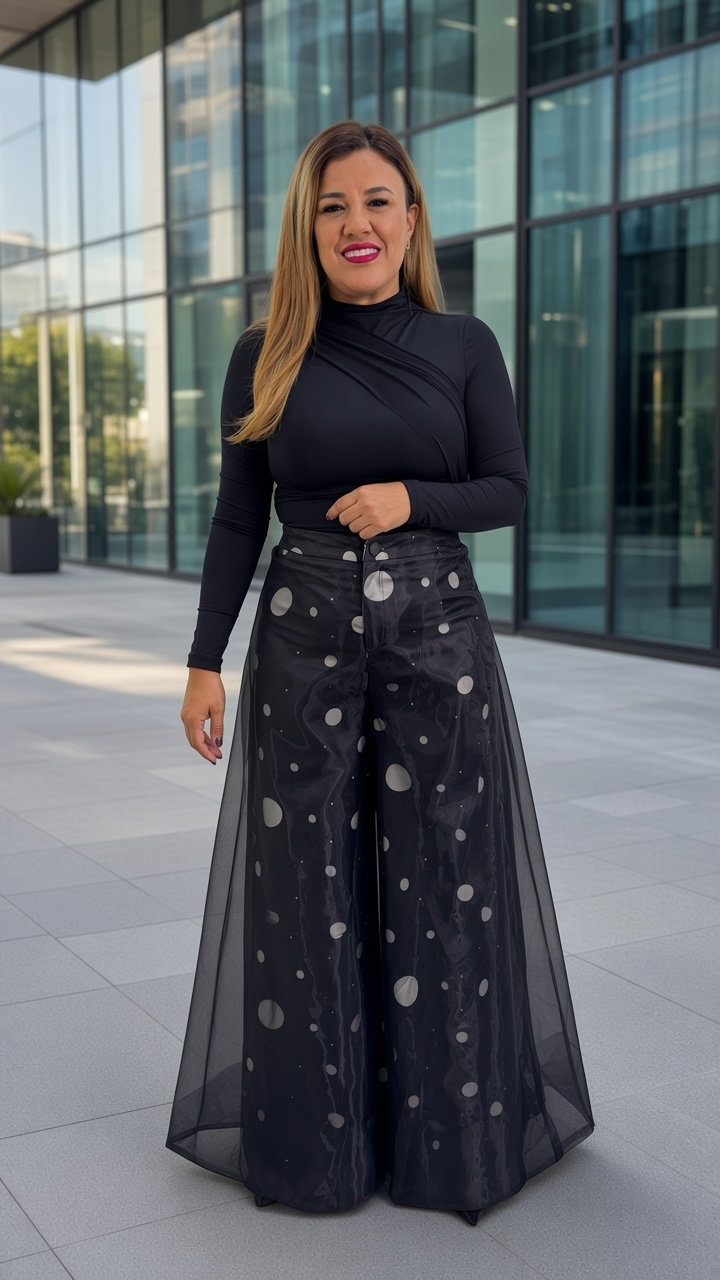 Pantalón Negro con Estampado Lunares Blancos Con Forro de Gasa Negro