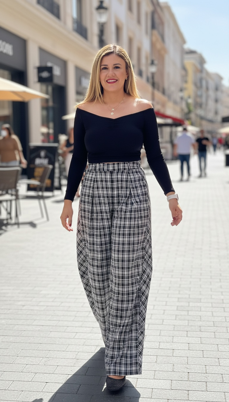 Pantalón a Casual A Cuadros Negro con Blanco