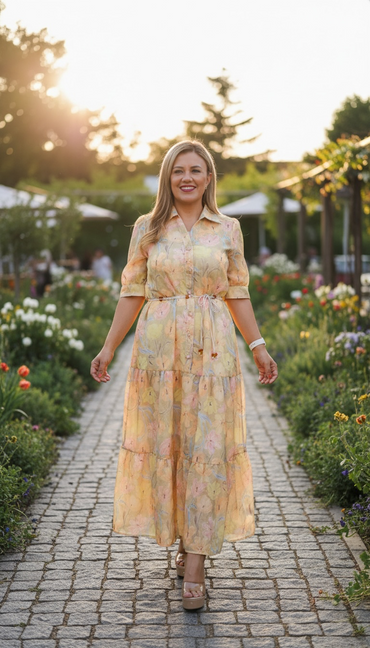Vestido Amarillo de Gasa con Forro, Estampado de Hojas de Colores