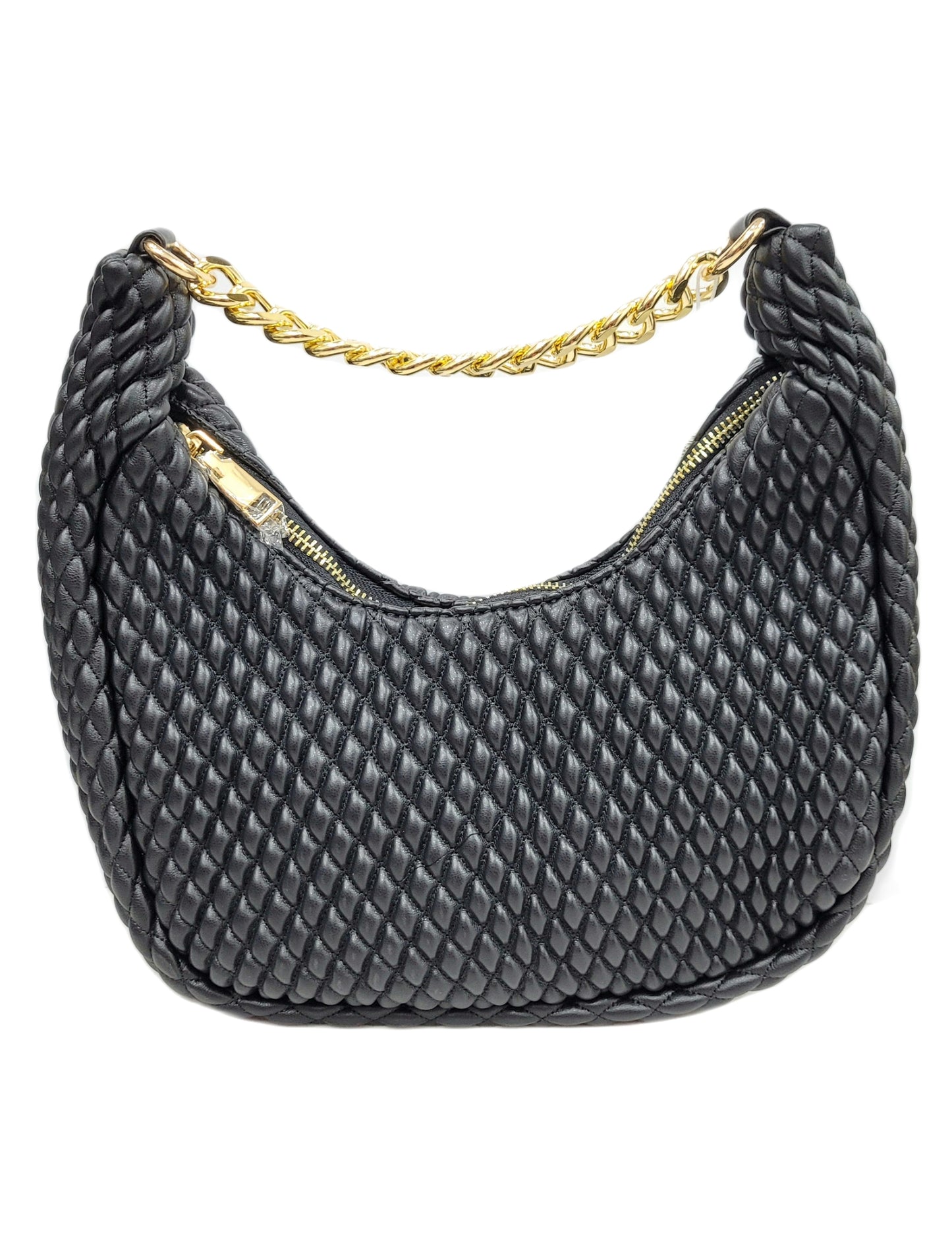 Bolsa Negra con Textura y Cadena Dorada