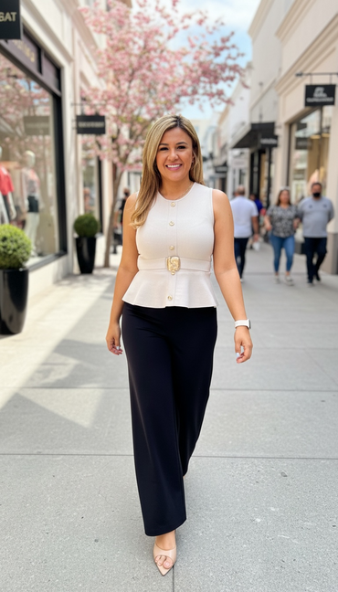 Pantalón Casual Negro Corte Recto Con Costuras en Línea