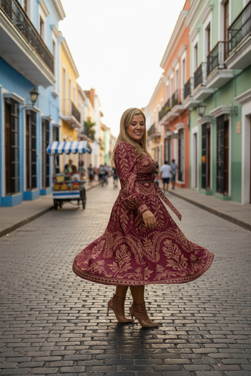 Vestido Rojo Ladrillo de Manga Larga Estampado Hojas