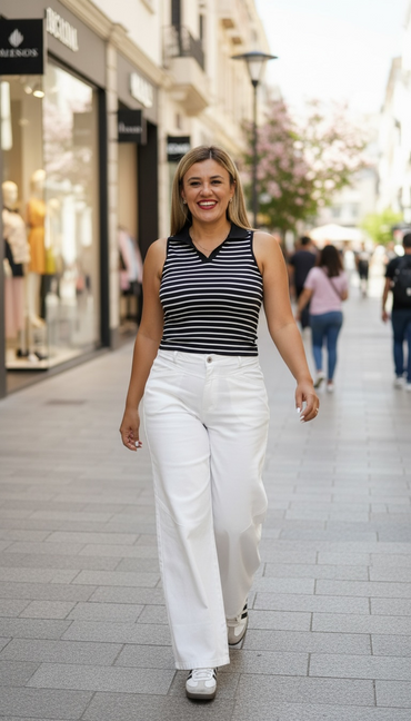 Blusa de Resaque Cuello Polo Negra con Rayas Blancas