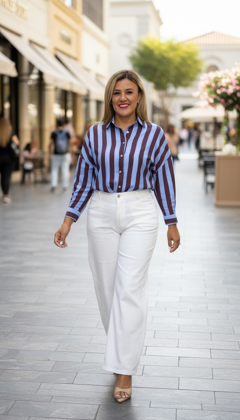 Blusa Rayada de Manga Larga Azul con Café
