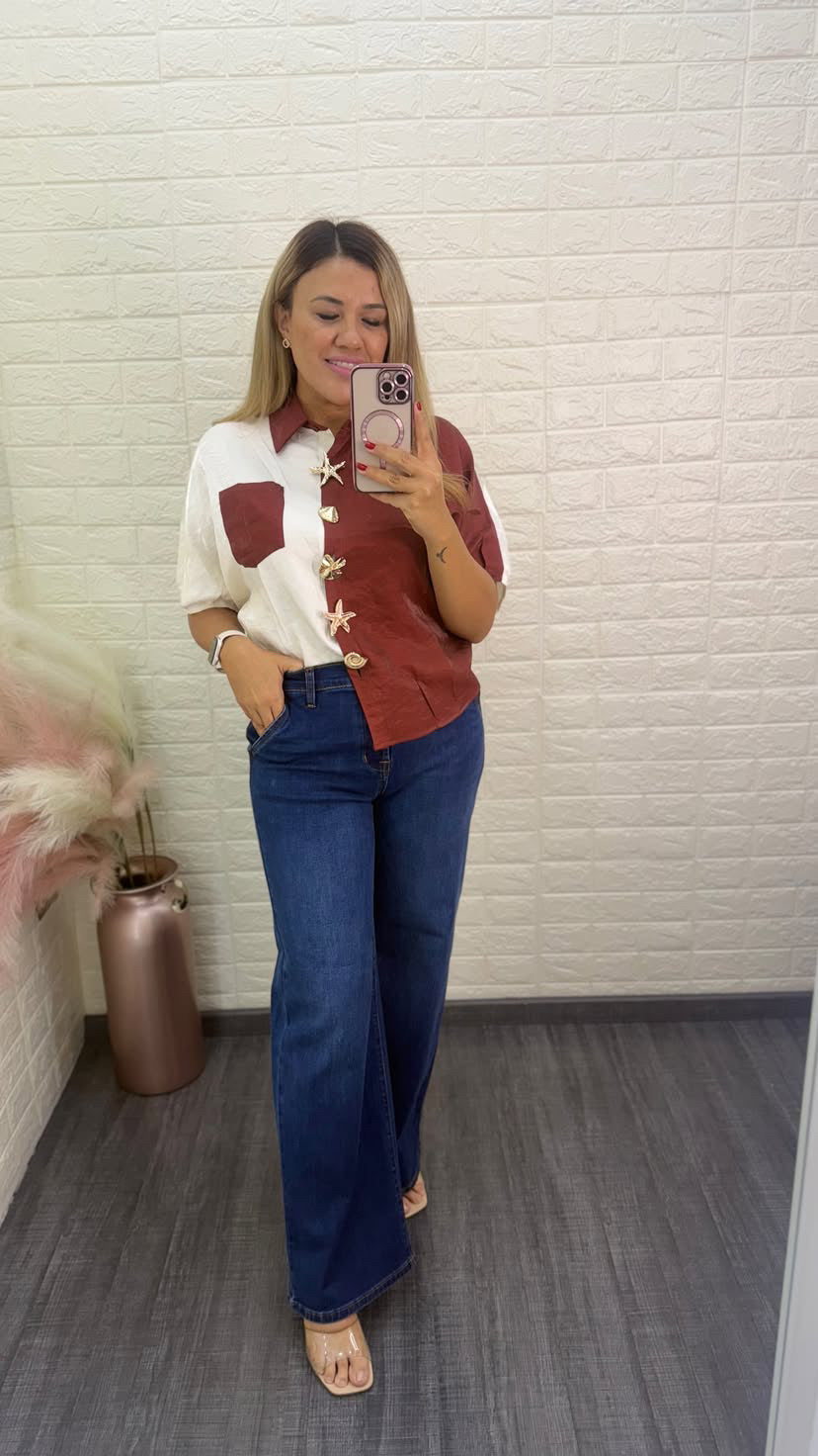 Blusa Mixta Color Beige con Guindo de Manga Corta