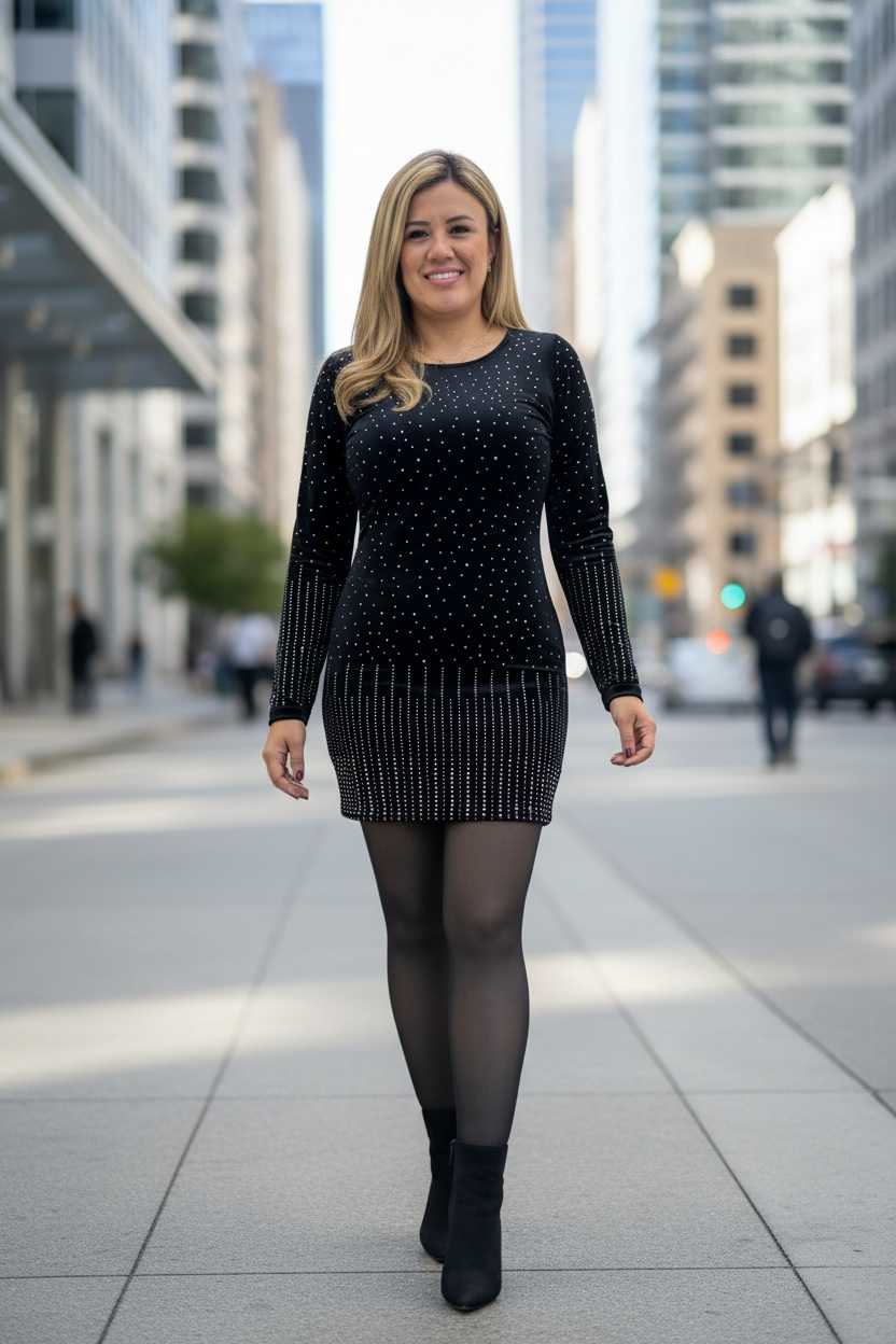 Vestido Negro en Tela de Piel de Durazno con Aplicaciones de Brillos