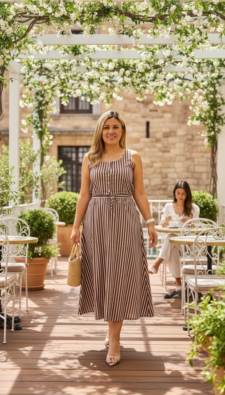 Set Café Estampado a Rayas Blusa y Falda