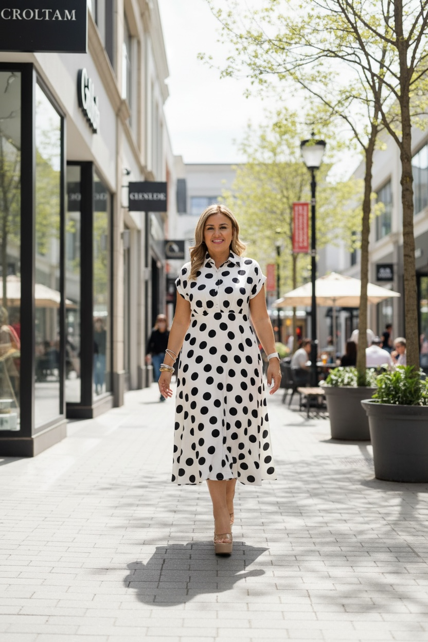 Vestido Blanco Largo Estampado Lunares Negros