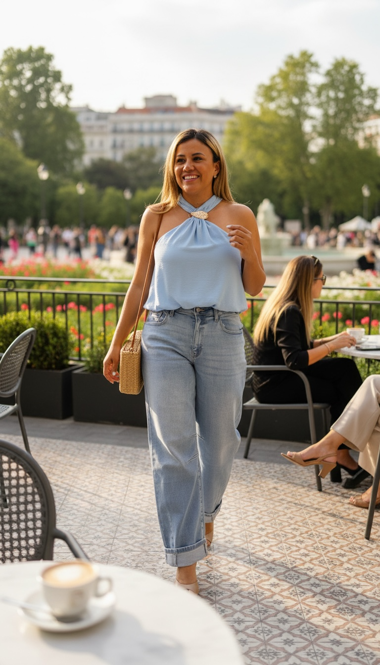 Blusa Sky Blue Cuello Halter con Botón Dorado