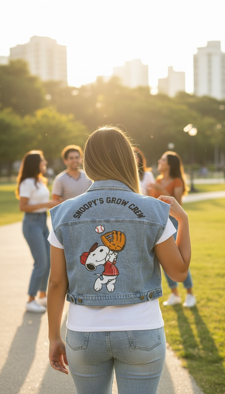Conjunto de Mezclilla de Blusa Tipo Chaleco y Pantalón Estampado Snoopy