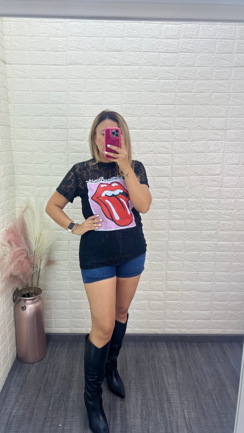 Blusa Negra de Encaje Logotipo Rolling Stones