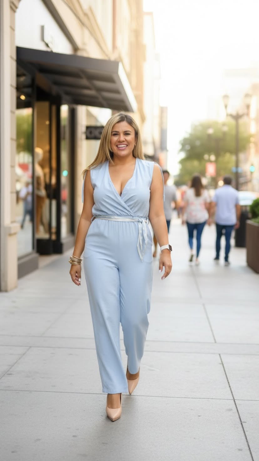 Jumpsuit Color Sky Blue en Tela de Lino con Cintillo de Pañoleta de Lunares