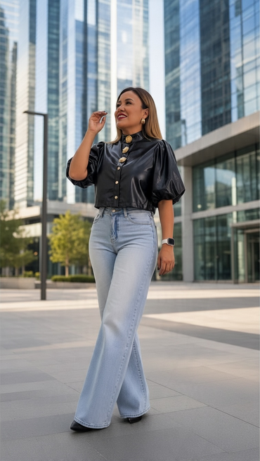 Blusa de Vinipiel con Botones Dorados en Forma de Rosa
