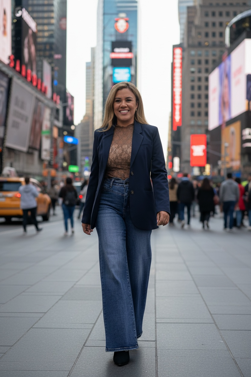 Jeans de Mezclilla con Abertura V Corte Wide Leg