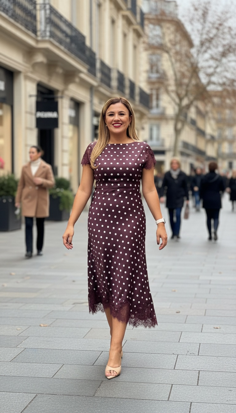 Vestido Guindo Estampado Polka Dots con Aplicaciones de Encaje