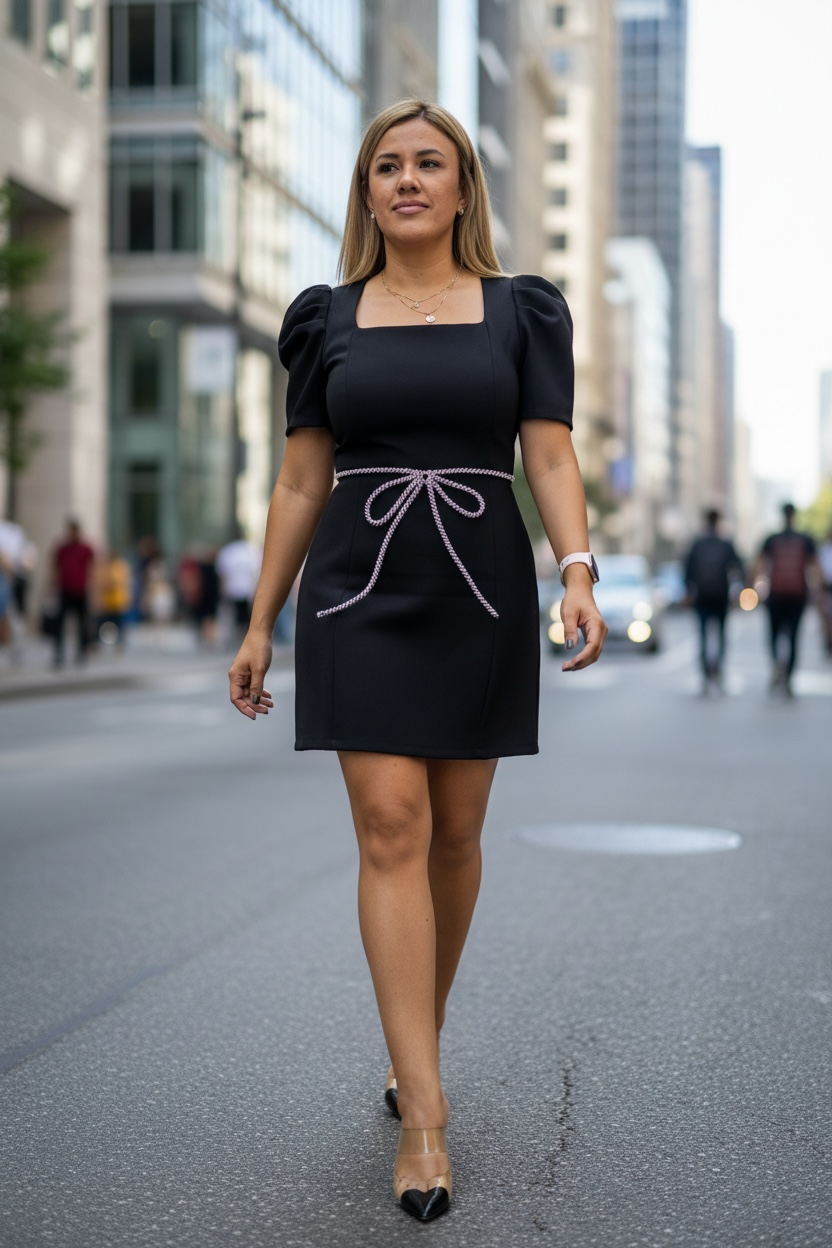 Vestido Negro de Manga Corta con Aplicación de Moño En Brillos