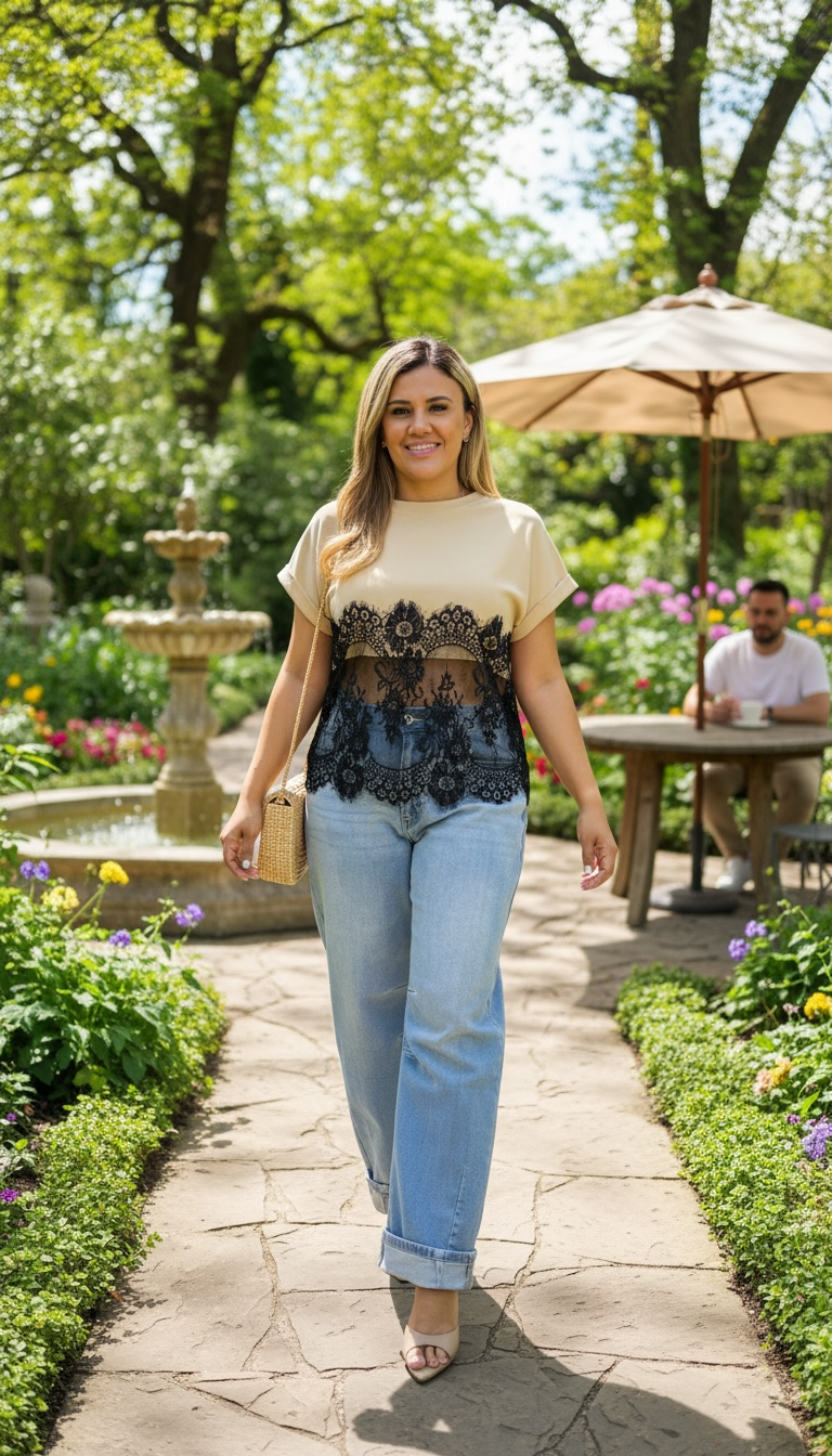 Blusa Beige con Aplicación de Encaje Negro