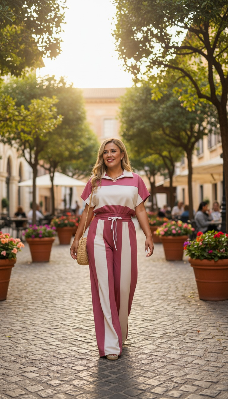 Conjunto de Blusa y Pants Estampado a Rayas Rosa y Beige Claro