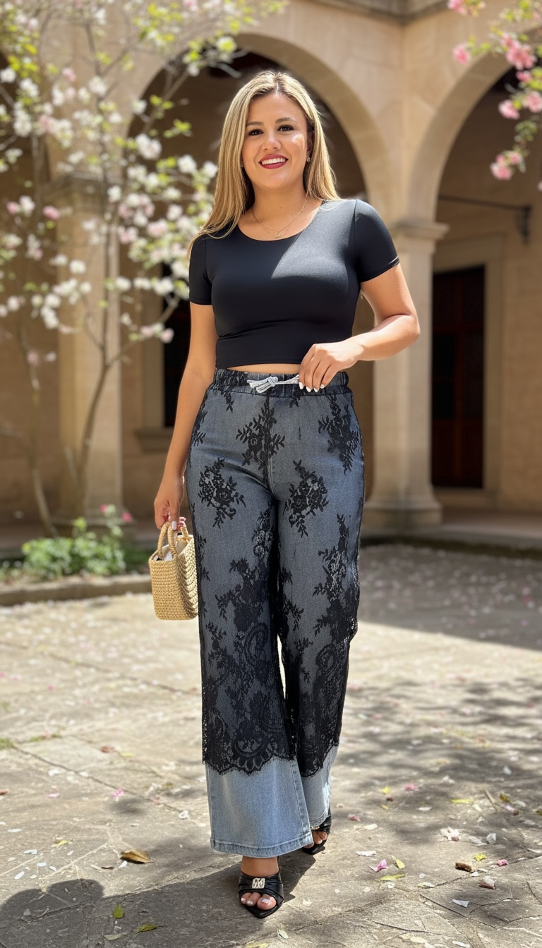 Jeans de Mezclilla Recto con Encaje Negro