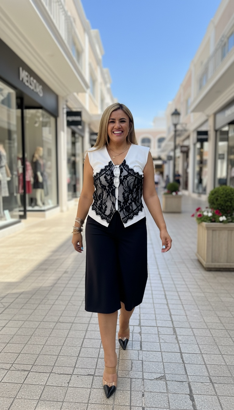Blusa Blanca con Aplicación de Encaje Negro