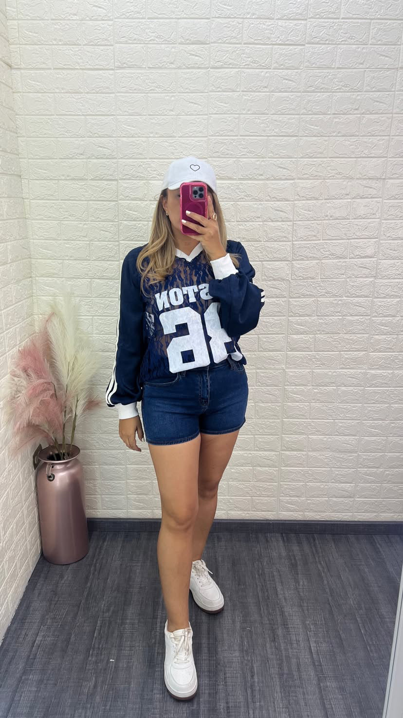 Blusa Azul de Encaje de Manga Larga Estampado Boston