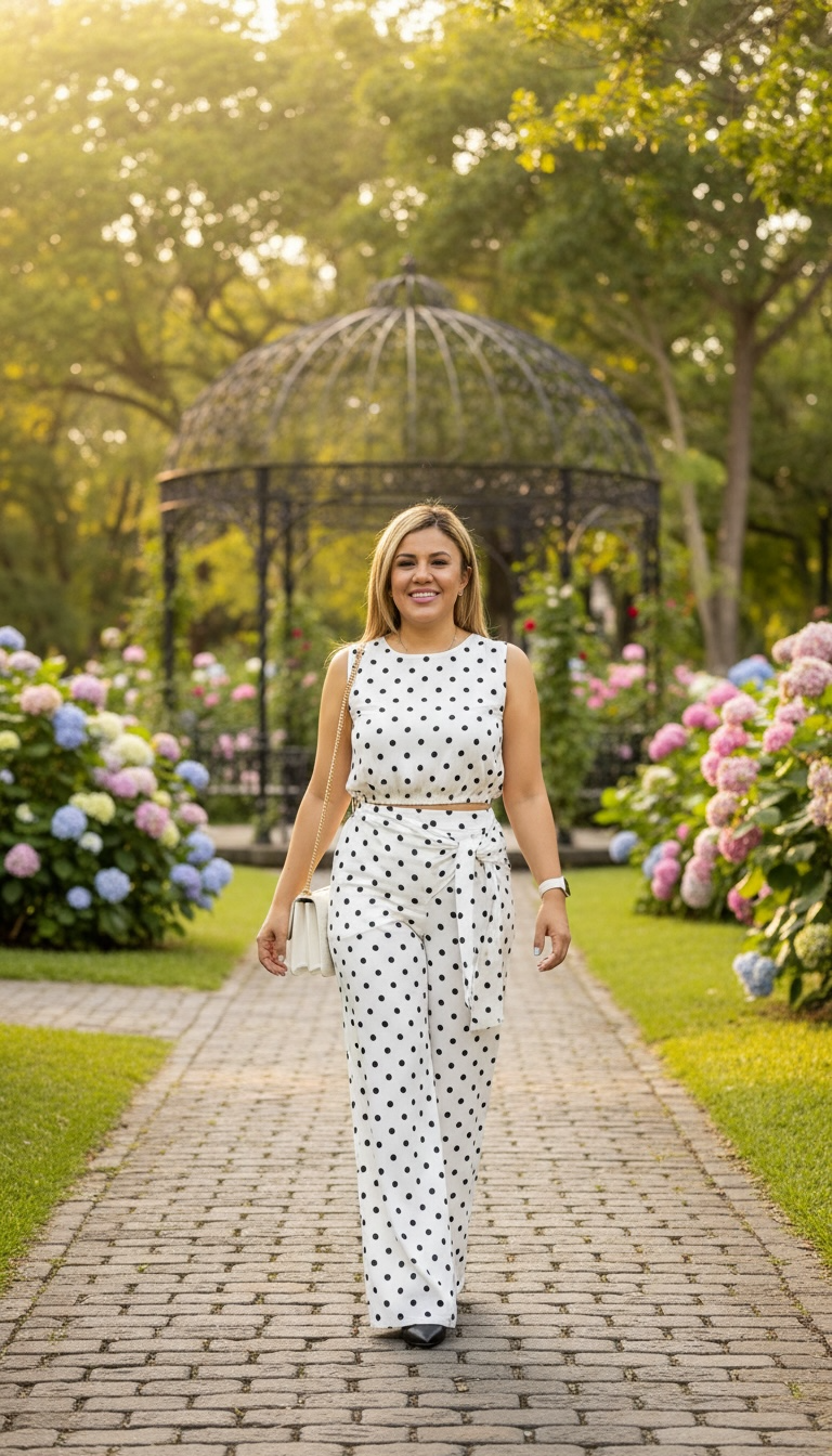 Conjunto Blanco Estampado Polka Dots en Negro de Blusa y Pantalón