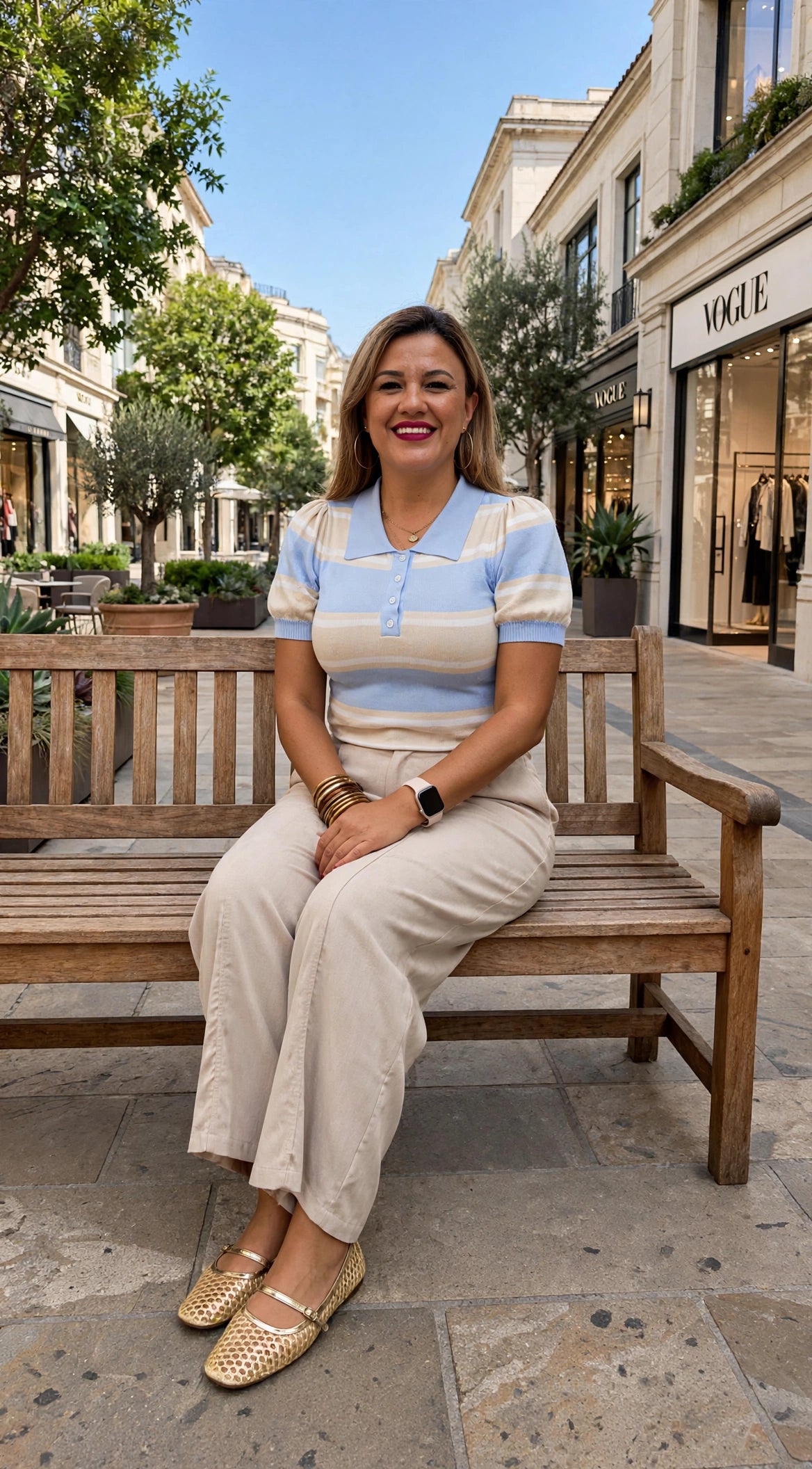 Blusa Azul/Beige Estampado a Rayas Cuello Tipo Polo