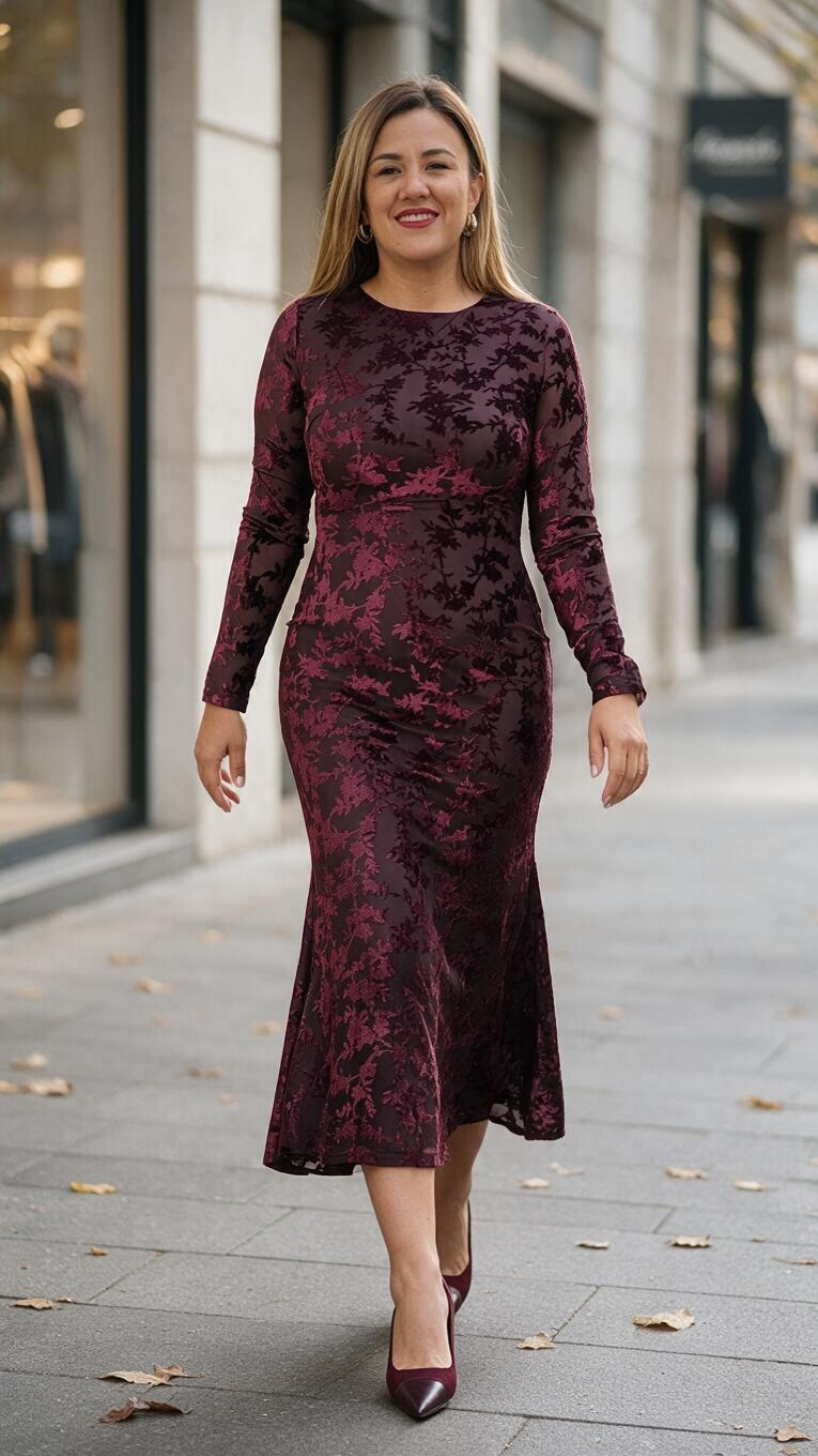 Vestido Guindo Satinado en Tela de Velvet Estampado Floral