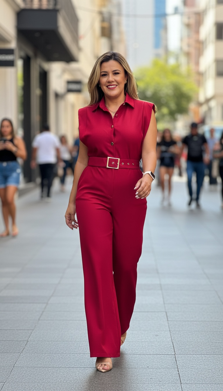 Palazo Rojo Sin Mangas con Botones Dorados y Cinto