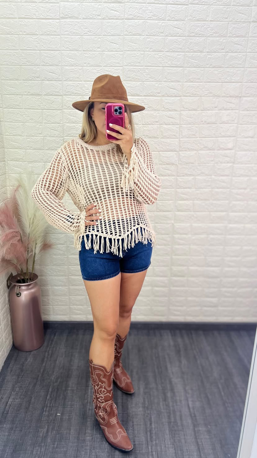 Blusa Tejida Translúcida en Color Beige