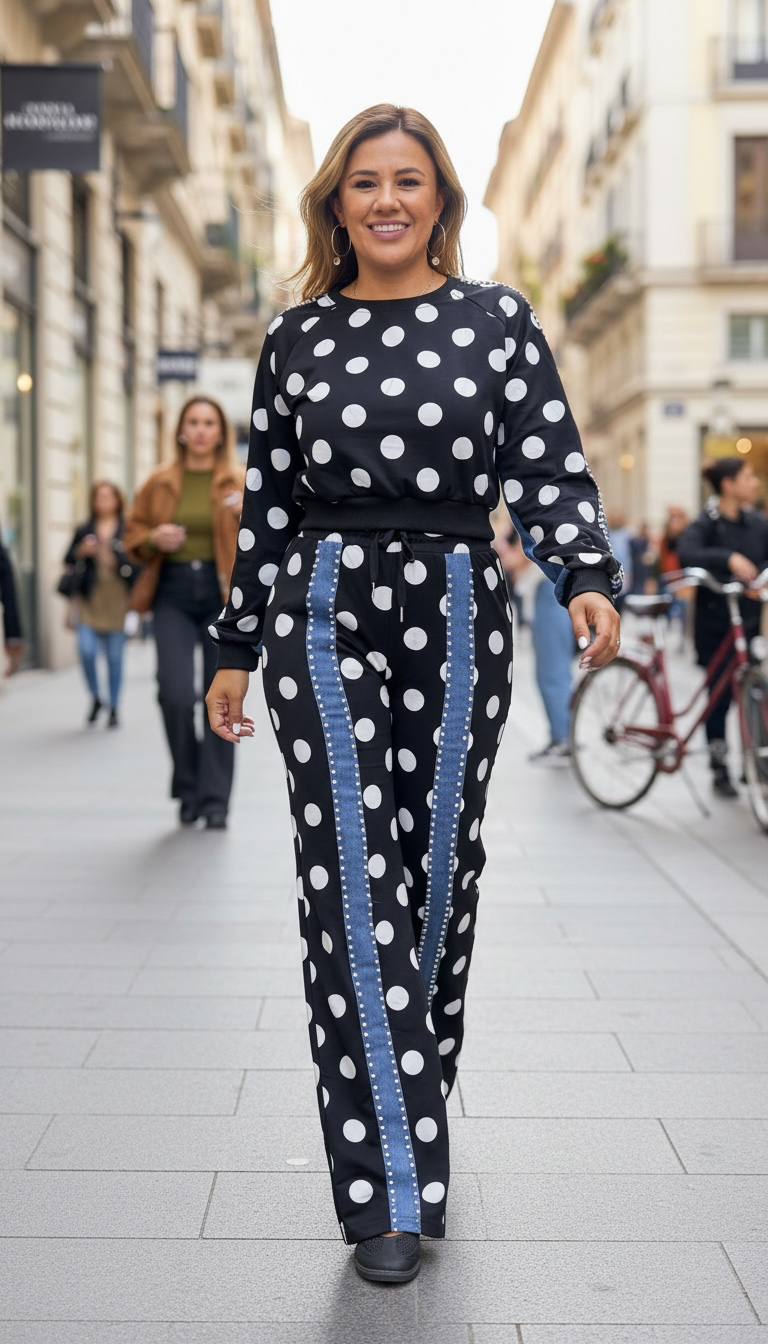 Conjunto Negro Estampado Polka Dots con Aplicaciones de Perlas