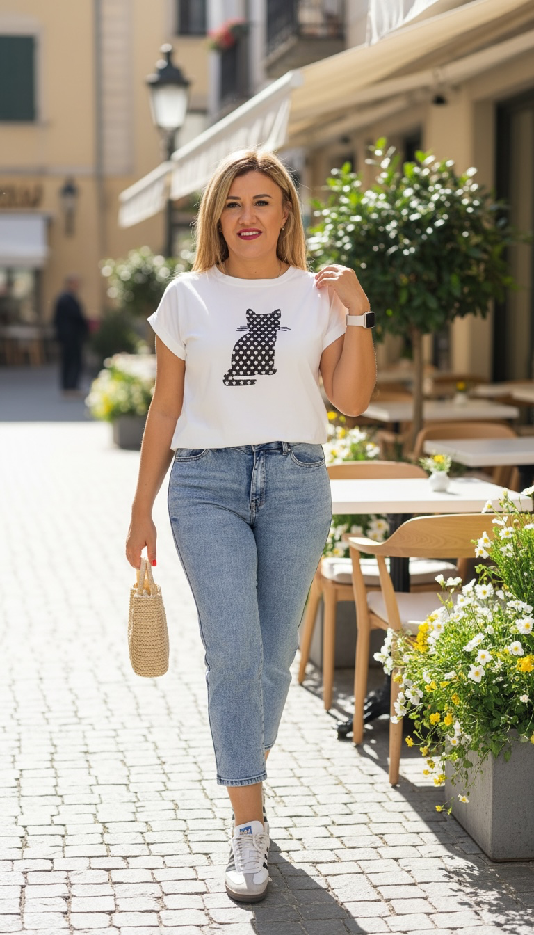 Blusa Blanca con Estampado de Sombra de Gato con Brillos