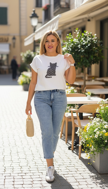 Blusa Blanca con Estampado de Sombra de Gato con Brillos