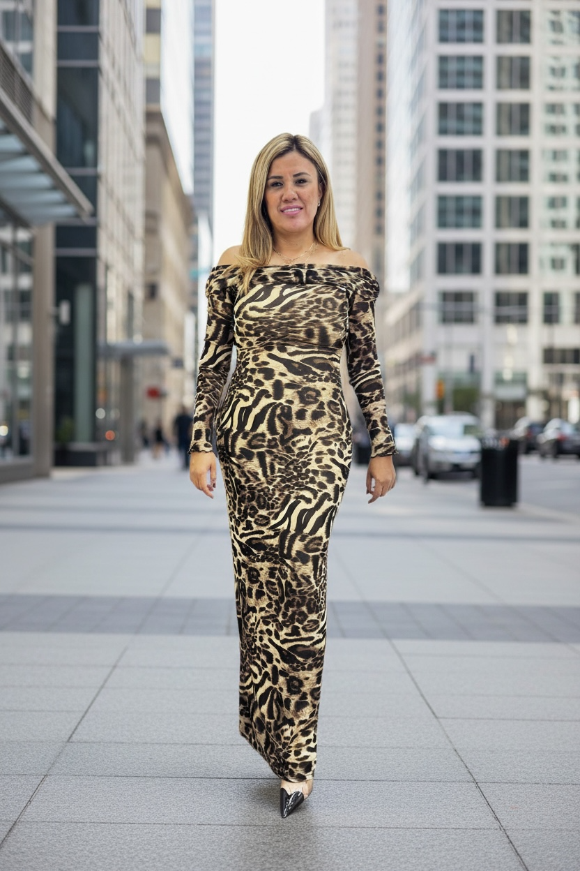 Vestido A Los Hombros Estampado Animal Print