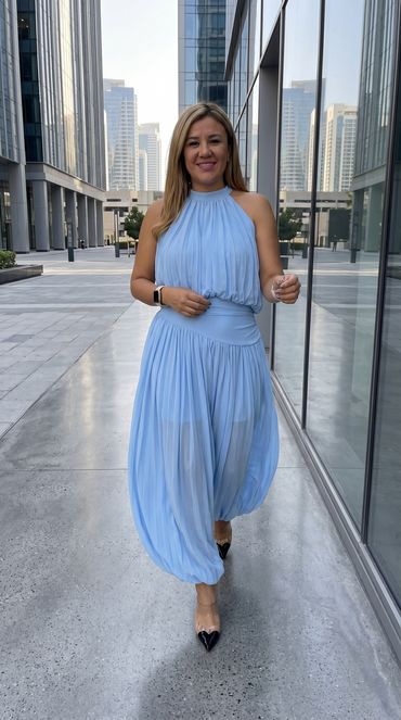 Conjunto Sky Blue Blusa Halter y Pantalón Corte Aladino