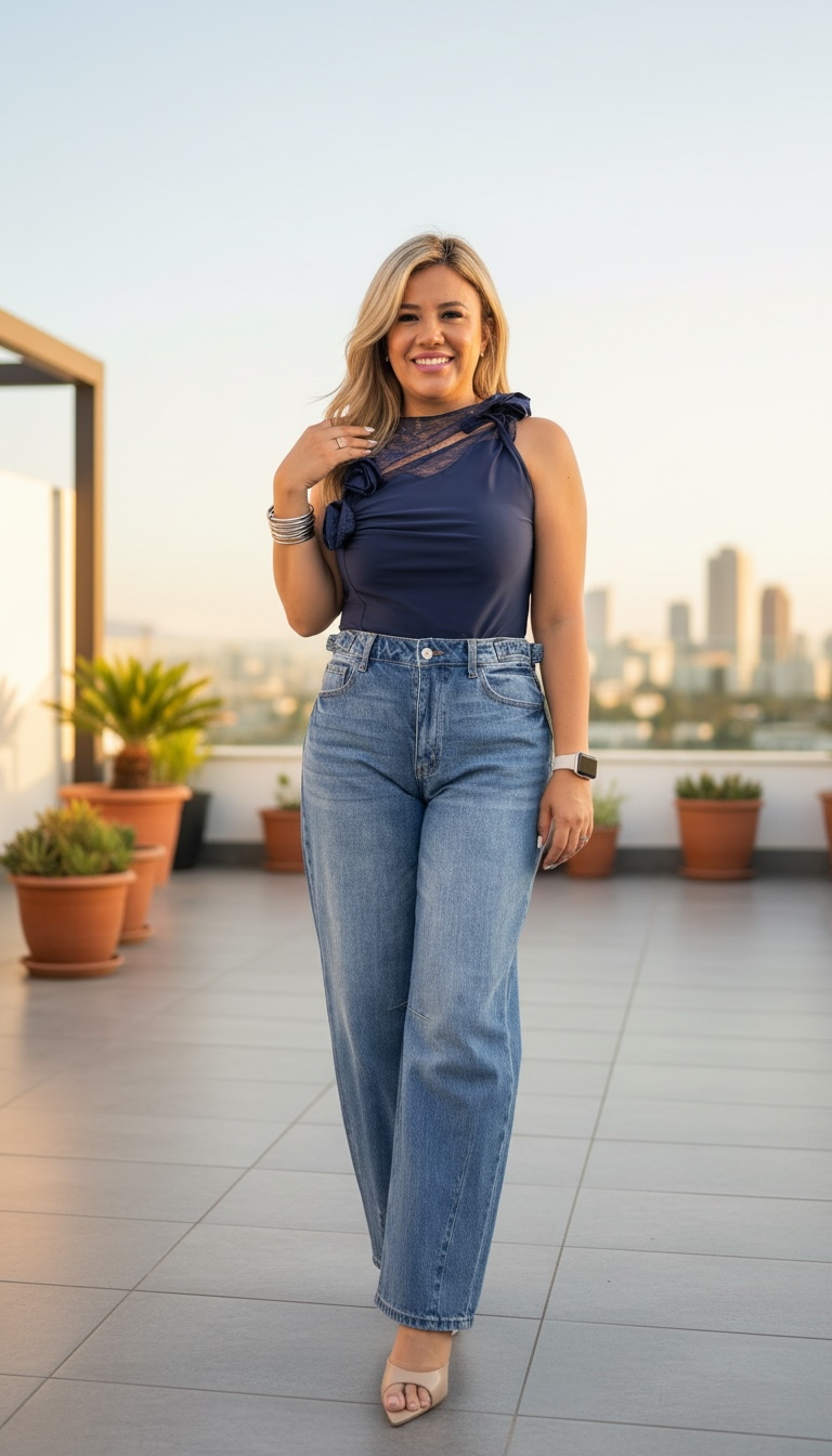 Blusa Azul de Tirantes con Aplicaciones de Encaje