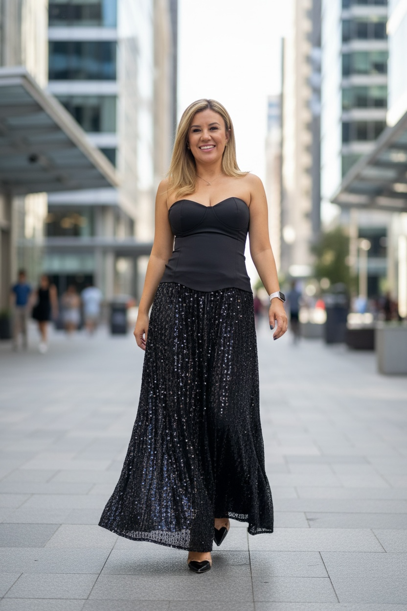 Vestido Negro Straple con Lentejuela