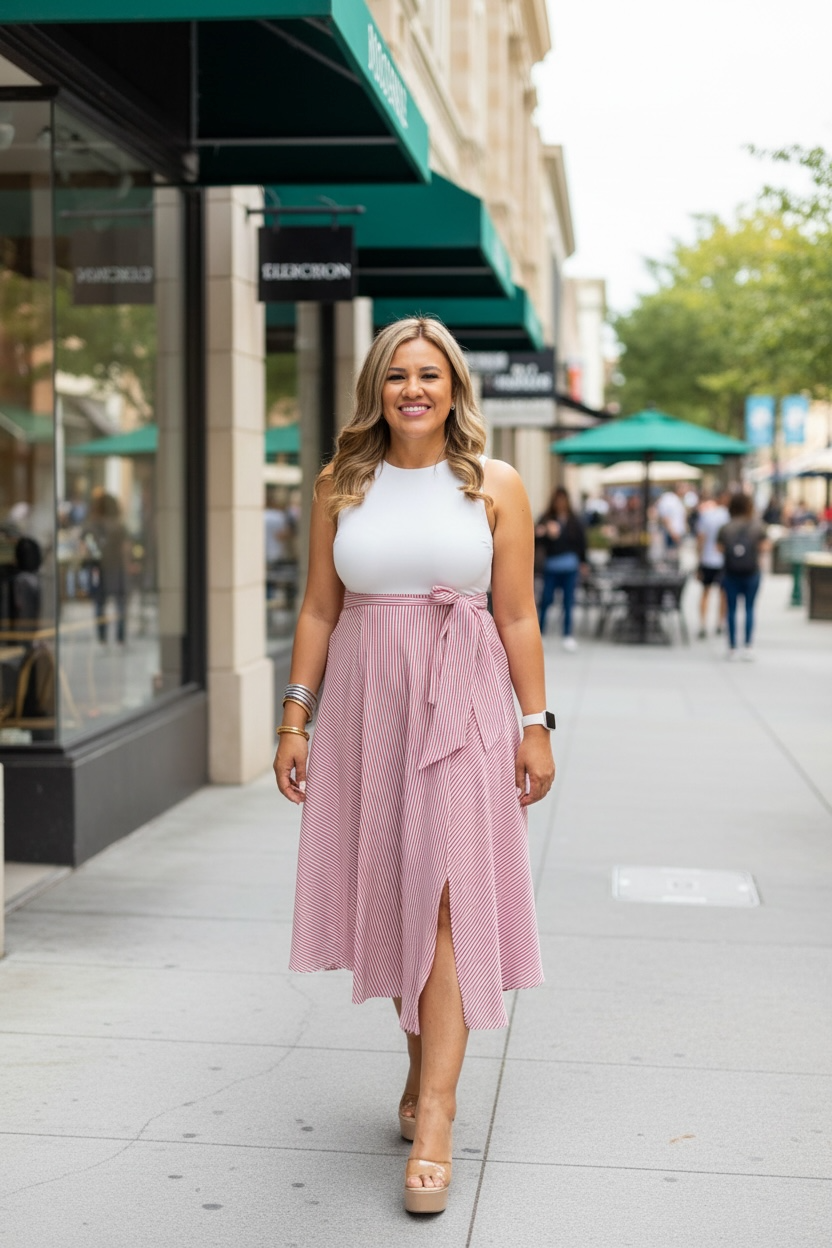 Vestido Mixto Blanco con Falda Rayada, con Cintillo