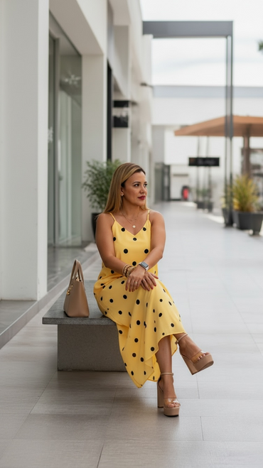 Vestido Amarillo de Tirantes con Estampado Lunares Negros