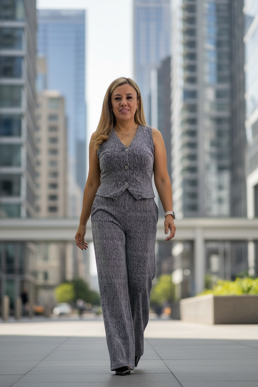 Conjunto Plateado de Blusa Chaleco y Pantalón