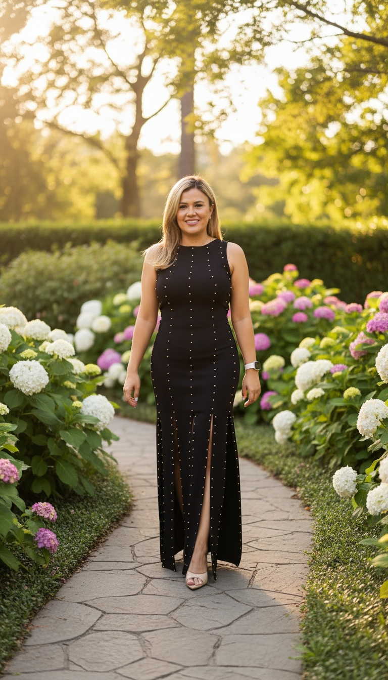 Vestido Negro Sin Mangas con Aplicaciones en Dorado