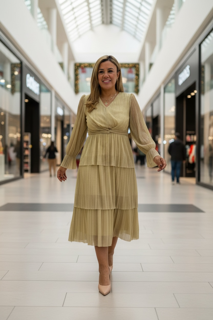 Vestido Color Dorado de Manga Larga con Brillos