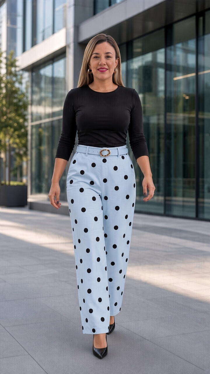 Pantalón Casual Sky Blue Estampado Polka Dots, Con Cinto