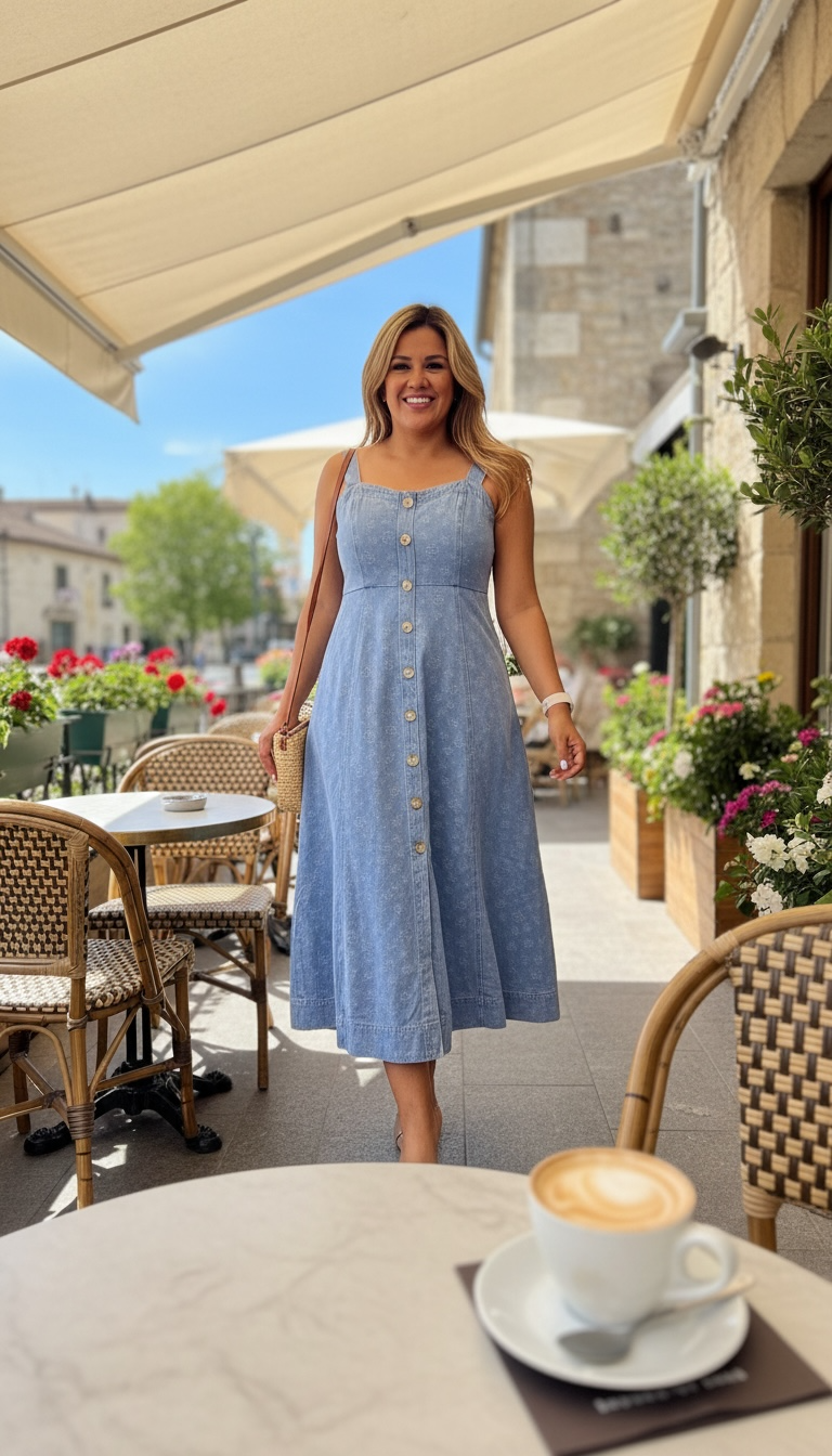 Vestido de Mezclilla Ligera de Tirantes Estampado de Flores