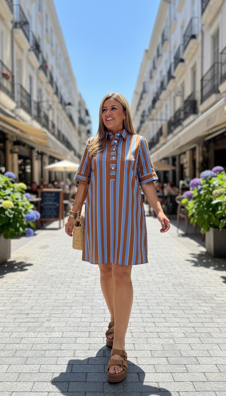 Vestido Corte Suelto Estampado a Rayas Café con Azul